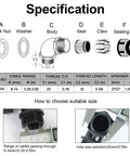 Diagram showing parts and specifications of 90 Degree M20 Cable Gland Adjustable 9 to 14mm Strain Relief Cord Connector with Nylon Joints.