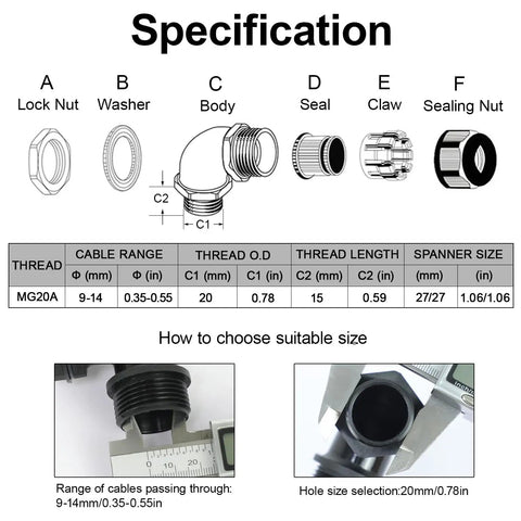 Diagram showing parts and specifications of 90 Degree M20 Cable Gland Adjustable 9 to 14mm Strain Relief Cord Connector with Nylon Joints.