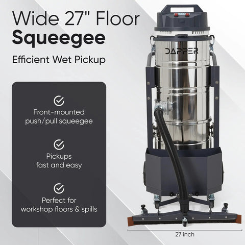 Heavy Duty Industrial Wet Dry Vacuum With Dual Motors 3.3 HP Delivers 222 CFM And 76 Inch Water Lift 27 Inch Squeegee 120V 20A Plug 2 Year Warranty Ideal For Construction Sites Warehouses And Tough Cleanup, 27-inch floor squeegee front view