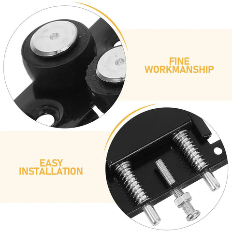 Black Metal Sliding Door Hardware Kit With Heavy Duty Closet Door Pulleys For Ultra Smooth Silent Operation Perfect For Barn Doors And Wardrobe Cabinets Featuring Robust Load Bearing Wheels That Fit T Shaped And U Shaped Tracks Boosts Home Value Now close-up of steel rollers and mounting screws