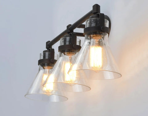 Seafarer 3 Light Bath Vanity Light In Oil Rubbed Bronze Steel Finish With Seeded Glass Shades Industrial Indoor Fixture