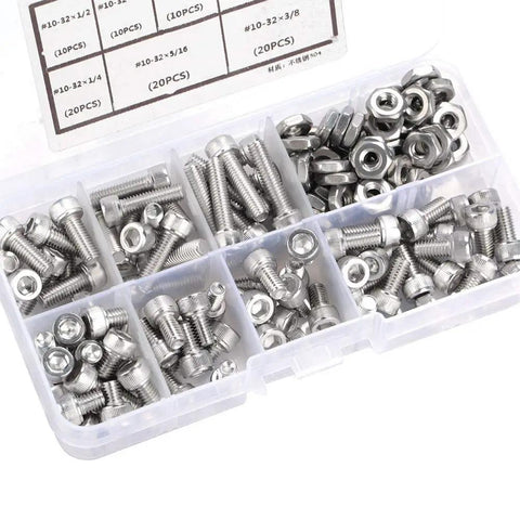 Super Cool Hex Socket Cap Screw Assortment Kit For Quick Projects With 140 Pieces Including Six Sizes Of 10-32 Screws Plus Matching Nuts to organize and store screws and nuts.