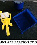 No Fuss Paint Edger Roller Brush Set With Replacement Pad And Quick Rinse Bristles For Walls Cut In Like A Boss Hassle Free Edges featuring yellow roller and blue paint tray.