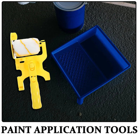 Pro Paint Edger Roller Kit with Extension Pole and Replacement Brush for Sleek Baseboard and Trim Lines on blue paint tray.