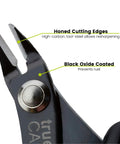 trueCABLE Precision Sharp Flush Cutter front view, black oxide coated with honed cutting edges