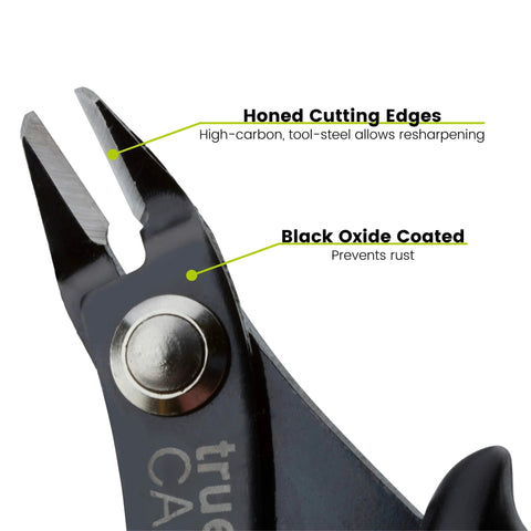 trueCABLE Precision Sharp Flush Cutter front view, black oxide coated with honed cutting edges