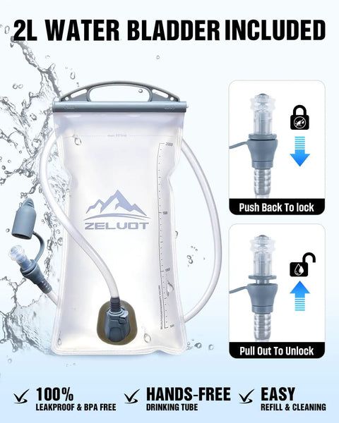 2L water bladder for Hydration Running Vest With 2L Bladder, Lightweight Chest Pack features drinking tube and lock mechanism