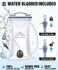2L water bladder for hydration chest pack, transparent with push-lock system, BPA-free design shown with illustrations