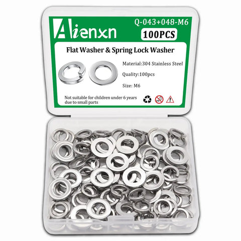 100Pcs M6 Stainless Steel Flat And Split Lock Washers Set, High Strength And Corrosion Resistant, open box view