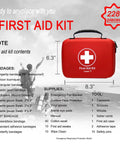 Front view of red compact 228-piece first aid kit in a hard case with white cross emblem.