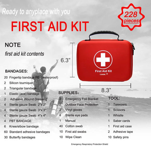 Front view of red compact 228-piece first aid kit in a hard case with white cross emblem.