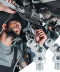 Mechanic using Pro Grade 10 Piece Metric Grease Fittings Kit With 90 Degree Elbows And Hydraulic Nipples For Automotive Machinery Industrial Use On Tractors Excavators Trailers And More under vehicle
