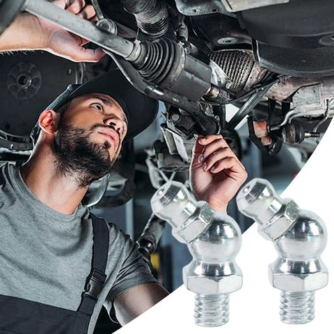 Mechanic using Pro Grade 10 Piece Metric Grease Fittings Kit With 90 Degree Elbows And Hydraulic Nipples For Automotive Machinery Industrial Use On Tractors Excavators Trailers And More under vehicle