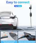 Heavy Duty Level 2 Portable EV Charger For Tesla And All Electric Vehicles Pulling 32 Amps At 7.68 Kilowatts connected to a Tesla.