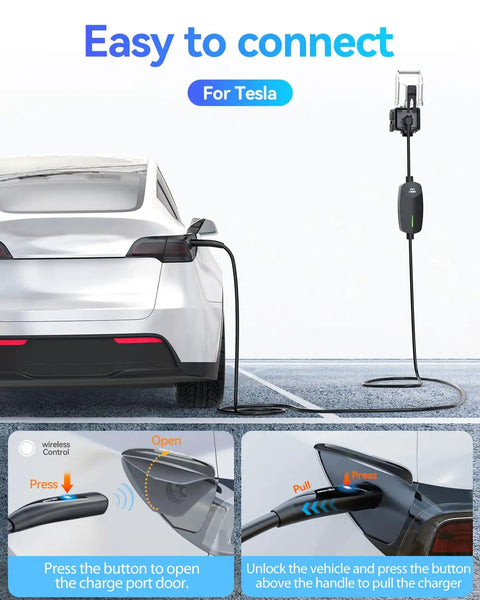 Heavy Duty Level 2 Portable EV Charger For Tesla And All Electric Vehicles Pulling 32 Amps At 7.68 Kilowatts connected to a Tesla.