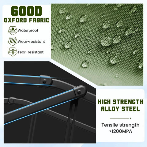 Close up of high strength alloy steel frame and 600D Oxford fabric for Heavy Duty Folding Wagon 2 In 1 Collapsible Cart Transforming Into Beach Chair With 650 Lb Capacity All Terrain Wheels With Brakes And Side Pockets Army Green For Outdoor Adventures Camping Trips And Easy Grocery Hauls.