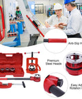 Heavy Duty Portable Ratchet Pipe Threader Kit With 5 Dies For 3/8 To 1-4 Inch Npt Threading showing anti-slip handle and steel dies.