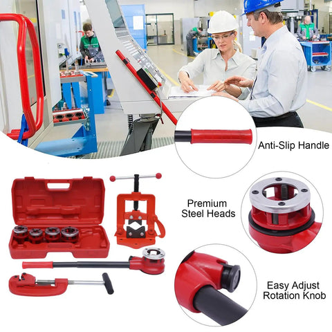 Heavy Duty Portable Ratchet Pipe Threader Kit With 5 Dies For 3/8 To 1-4 Inch Npt Threading showing anti-slip handle and steel dies.