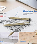 Pro Level Drafting Tools And Geometry Set 21 Piece Architecture Kit with black and red fineliner pens on architectural drawings.