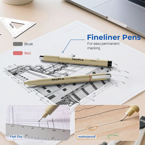 Pro Level Drafting Tools And Geometry Set 21 Piece Architecture Kit with black and red fineliner pens on architectural drawings.