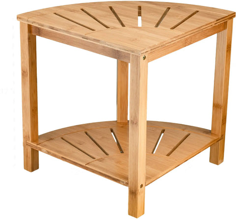 Corner Bamboo Shower Bench With Storage Shelf, 2 Tier Wood Seat, Non Slip Feet, compact design, bamboo material