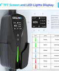 Level 2 EV Charger 40 Amp 9.6kW Lightning Fast Home Charge With 25 Foot Cable NEMA 14 50 Plug Adjustable Current 240 Volt Timing Delay J1772 Compatible BEVs And PHEVs showing 2.4-inch display and LED indicators.