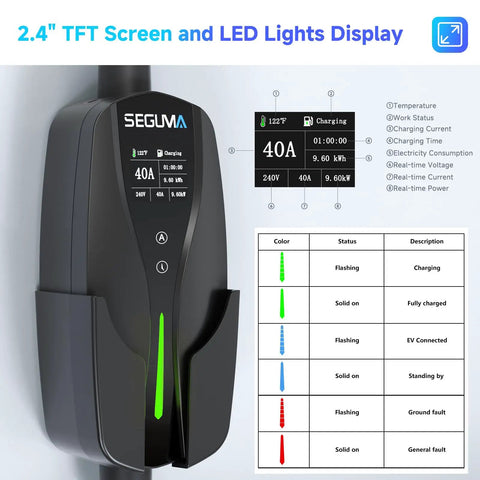 Level 2 EV Charger 40 Amp 9.6kW Lightning Fast Home Charge With 25 Foot Cable NEMA 14 50 Plug Adjustable Current 240 Volt Timing Delay J1772 Compatible BEVs And PHEVs showing 2.4-inch display and LED indicators.