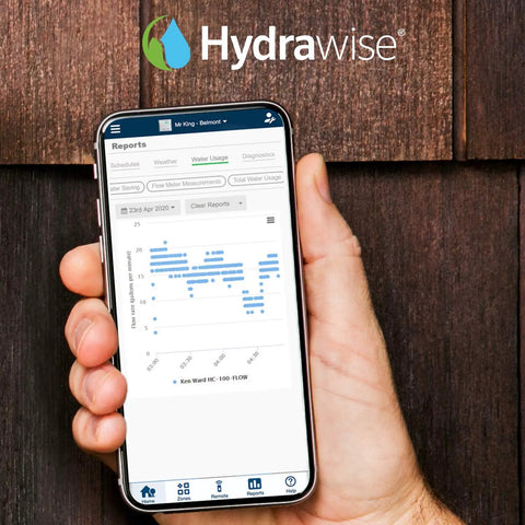One Inch Irrigation Flow Meter For Sprinklers With Real Time Water Usage Data And Leak Alerts app display on smartphone with Hydrawise.