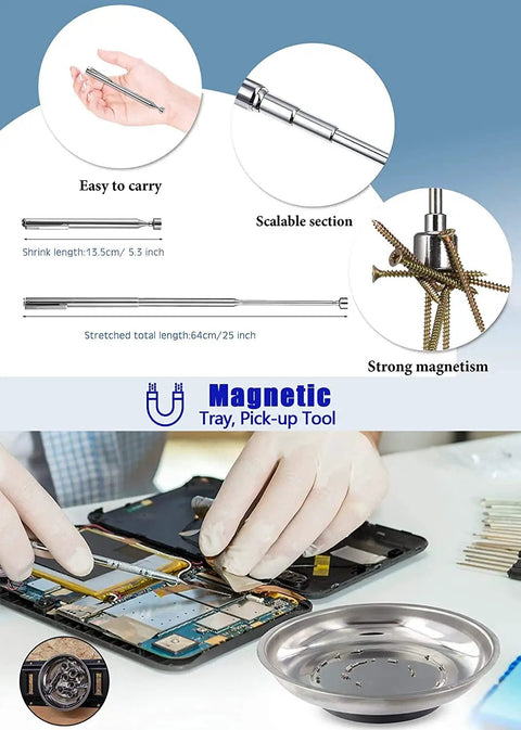 Magnetic tray pick-up tool from Awesome 188-Piece Home Tool Kit With 14-Inch Large Mouth Opening Tool Bag, shown with strong magnetism.