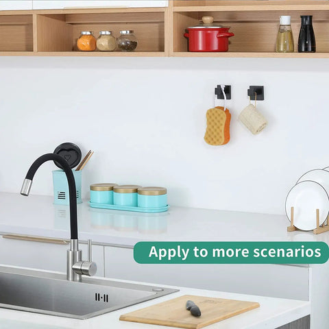 Six Pack Square Towel Hooks In Matte Black For Bathrooms And Kitchens, Heavy Duty Stainless Steel Wall Mount Coat Hangers shown in kitchen.