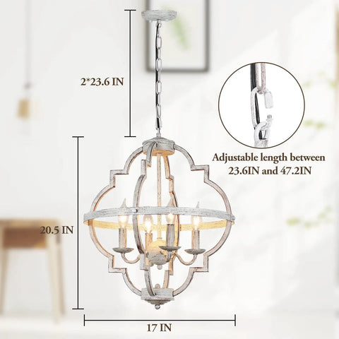 4 Light Farmhouse Candle Chandelier With Dope Open Orb Frame In Rustic White Finish Industrial Ceiling Pendant Light for various room heights.