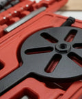 Badass Heavy Duty Universal Bearing Extractor Puller Tool Kit Includes Interchangeable Arms And Rugged Case Perfect For Pro Mechanics And Home Garage To Yank Stuck Bearings Away Without Pain With Strong Central Plates Forcing Screw Auto Tools. Close-up of black metal central plate in red hard case