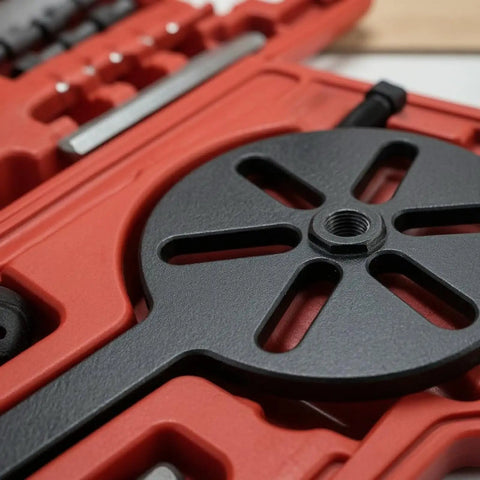 Thinking Process: heavy duty black steel bearing extractor puller tool in red case, close-up