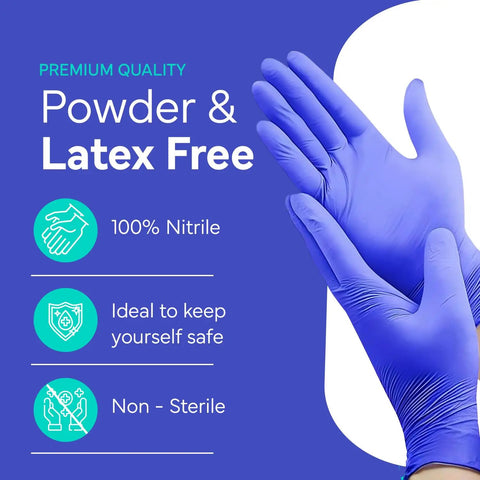 Blue Nitrile Exam Gloves XL 100 Count Disposable Powder Free Latex Free Chemo Rated Clinic Grade For Medical Exams Dental Care Lab Work Food Handling And Patient Care shown with powder and latex free features.