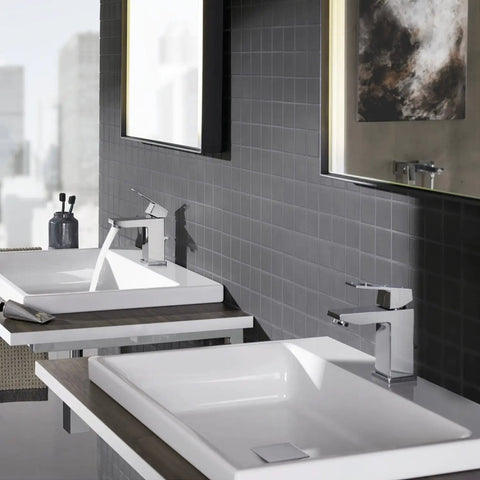 Modern bathroom with Eurocube Single-Handle Bathroom Faucet With SilkMove Precision, sleek square design in chrome finish.