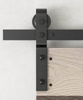 Close-up of embossed bi fold barn door with sliding hardware kit in dark walnut aged barrel finish, 3D texture pine wood surface.