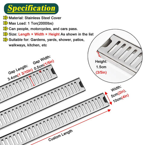 Rock Solid 304 Stainless Steel Deck Drain Grates specifications showing gap lengths and sizes for patios and garages.