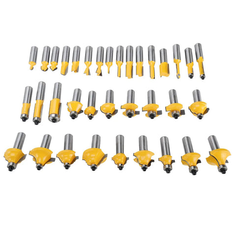 35 Piece Tungsten Carbide Router Bit Set With Half Inch Drive Shank arranged on white background