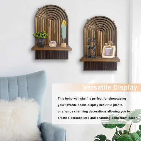 Set Of Two Boho Floating Wall Shelves For Cool Room Vibes And Rustic Display Space Featuring Dead Easy Mounting And Premium Solid Craftsmanship To Truly Level Up Your Decor Game with decorative items.