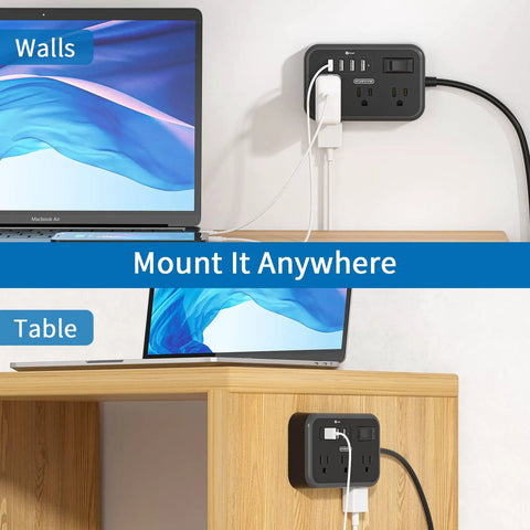2 Pack 6 Outlet Power Strip With Four USB Ports And Flat Plug Five Foot Extension Cord Overload Protection Wall Mountable