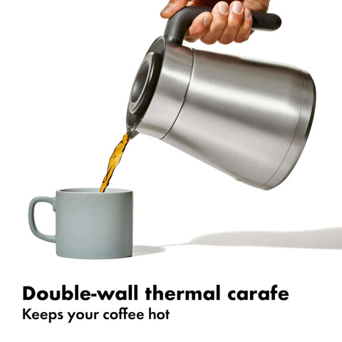 12 Cup Coffee Maker With Podless Single Serve Function In Silver Heats Water To 194 To 205 F For Fast Flavorful Brews And Fits One Or A Crowd With Small Or Large Brew Baskets, Easy Home Kitchen Coffee Brewer thermal carafe pouring coffee into mug