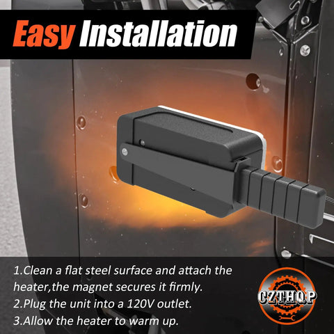 Magnetic Engine Block Heater For Cars And Small Engines attached to metal surface with glow, showing easy installation steps.