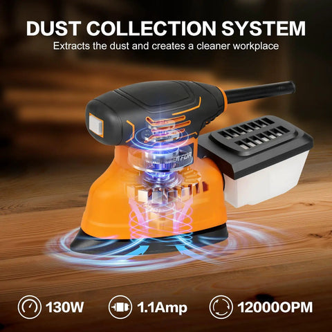 Electric Orbital Detail Sander Pumping Out 14000 OPM With Seamless Dust Collection featuring a dust collection system and 130W motor.