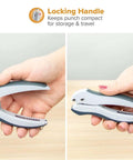 Lock handle on Pack Of 5 EZ Squeeze One-Hole Punch Set With 10 Sheet Capacity for storage, shown in hand for size reference.