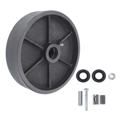 8 Inch Industrial Caster Wheel Replacement Heavy Duty Steel Rigid Caster with half inch bore, includes additional hardware.