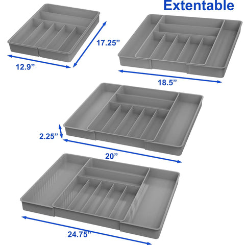 Expandable Kitchen Drawer Flatware Organizer Gray, Adjustable Cutlery Tray With 9 Compartments For Utensils And Silverware, Extra Large Capacity Fits Wide And Deep Drawers, Measures 17.25 In Deep, 12.9 In Wide, 2.25 In High.
