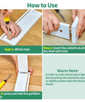 Dowel pins and shelf support kit, 304 stainless steel (M2–M5), shown with drill, insert, and press steps.