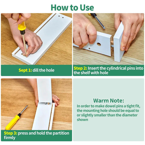 Dowel pins and shelf support kit, 304 stainless steel (M2–M5), shown with drill, insert, and press steps.