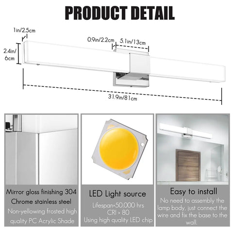 Diagram of 32 Inch Dimmable Modern Vanity Light With Three Color Temperatures 3000K 4000K 5000K Chrome Finish Over Mirror Bathroom Wall Light with measurements and features.