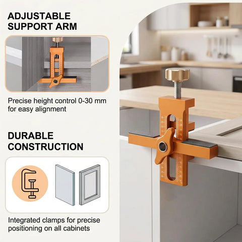 Badass Cabinet Door Mounting Jig With Adjustable Aluminum Clamp And Rock Solid Steel Rods For Dead Nuts Hinge Alignment Easy Solo Diy Setup No Fuss Support Tool For Quick Home Repair Jobs Anywhere with adjustable support arm.